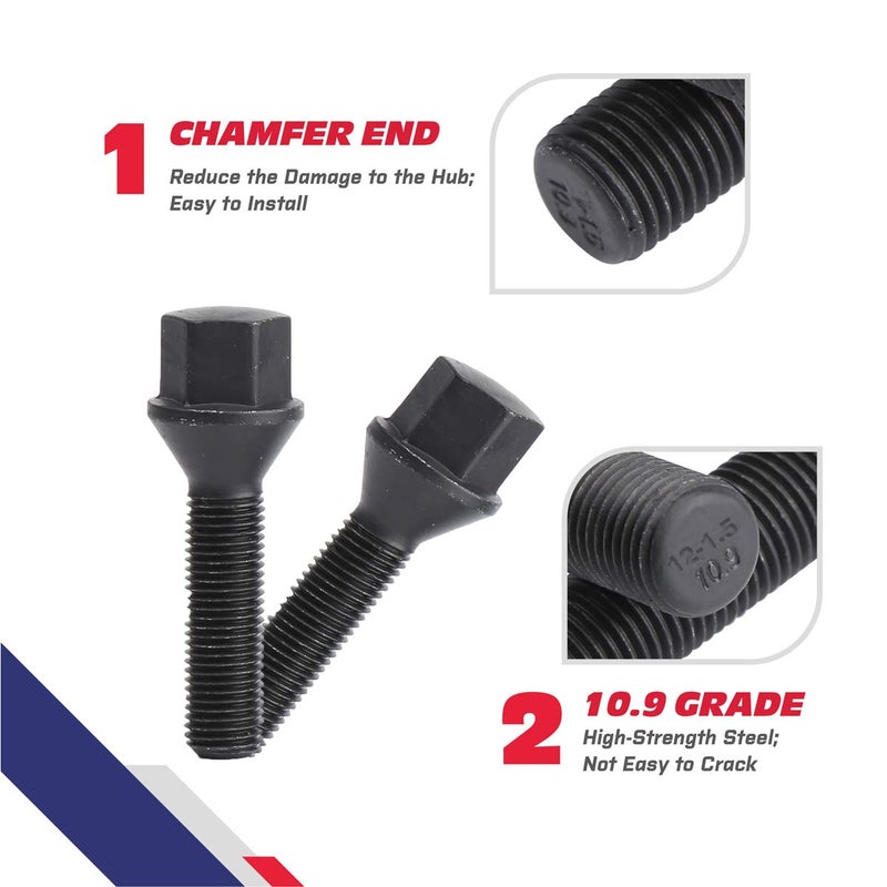 KSP PERFORMANCE 12x1.5mm Tuner Lug Bolts, KSP Conical Seat Extended 40mm Shank 17mm Hex for Aftermarket Wheels, 5PCS Black - Image 5