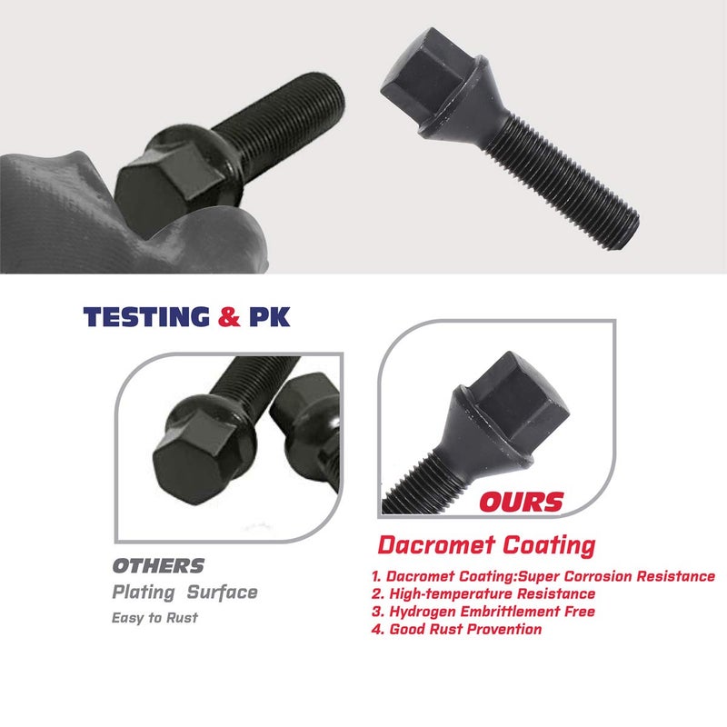 KSP PERFORMANCE 12x1.5mm Tuner Lug Bolts, KSP Conical Seat Extended 40mm Shank 17mm Hex for Aftermarket Wheels, 5PCS Black - Image 4