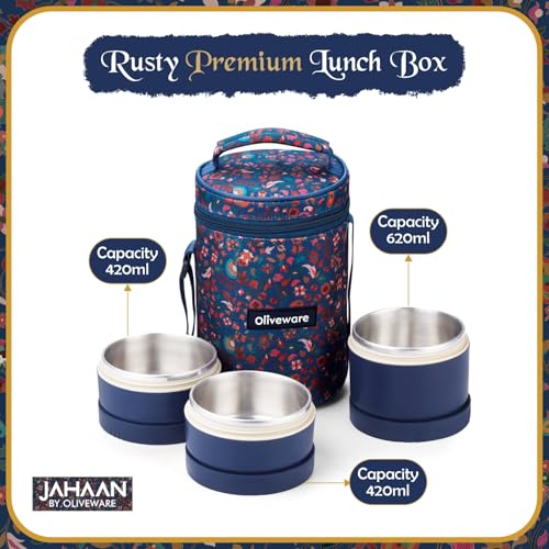 SOPL-OLIVEWARE oliveware Rusty Lunch Box | 2×420ml + 1×600ml Stainless Steel Containers | Leak-Proof, Insulated, BPA-Free, Microwave-Safe | with Premium Carry Bag | Ideal for Office, School & Travel (Blue) - Image 2