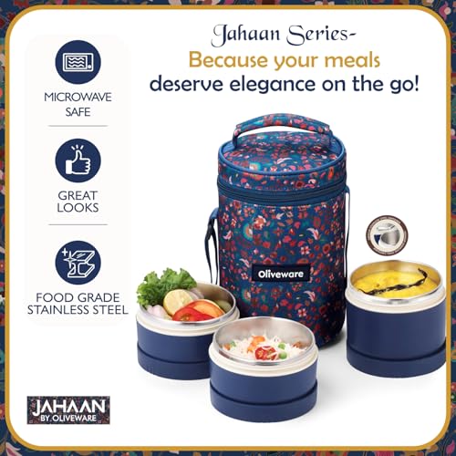 SOPL-OLIVEWARE oliveware Rusty Lunch Box | 2×420ml + 1×600ml Stainless Steel Containers | Leak-Proof, Insulated, BPA-Free, Microwave-Safe | with Premium Carry Bag | Ideal for Office, School & Travel (Blue) - Image 4