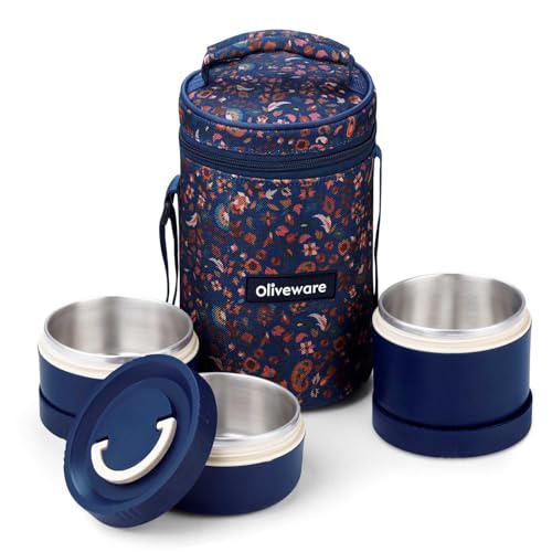 SOPL-OLIVEWARE oliveware Rusty Lunch Box | 2×420ml + 1×600ml Stainless Steel Containers | Leak-Proof, Insulated, BPA-Free, Microwave-Safe | with Premium Carry Bag | Ideal for Office, School & Travel (Blue) - Image 1