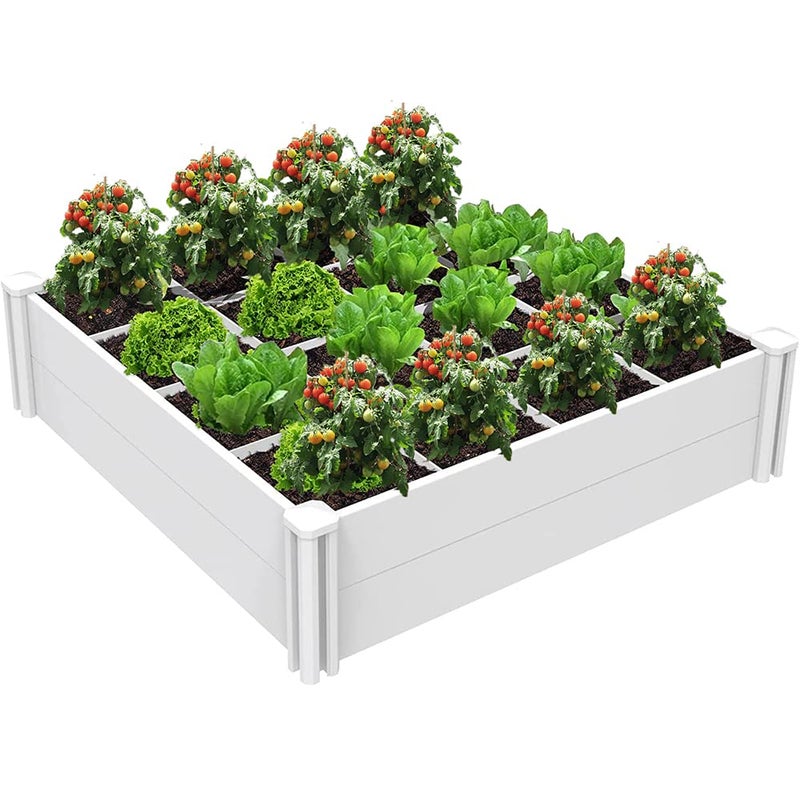 Kdgarden Raised Garden Bed Kit 4'x4' Outdoor Above Ground Planter Box for Growing Vegetables Flowers Herbs, DIY Gardening, Whelping Pen and More, Screwless White Vinyl Garden Bed with Grid - Image 1