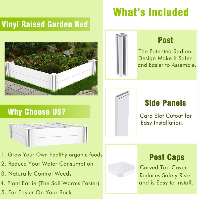 Kdgarden Raised Garden Bed Kit 4'x4' Outdoor Above Ground Planter Box for Growing Vegetables Flowers Herbs, DIY Gardening, Whelping Pen and More, Screwless White Vinyl Garden Bed with Grid - Image 3
