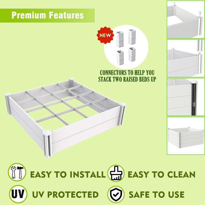 Kdgarden Raised Garden Bed Kit 4'x4' Outdoor Above Ground Planter Box for Growing Vegetables Flowers Herbs, DIY Gardening, Whelping Pen and More, Screwless White Vinyl Garden Bed with Grid - Image 2