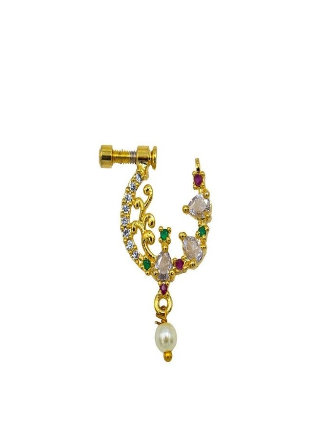 ZEELLO Gold Plated Nose Ring with Multicolor Stones, Pearl Drop, Traditional Crescent Design, Screw Back Closure - Image 1
