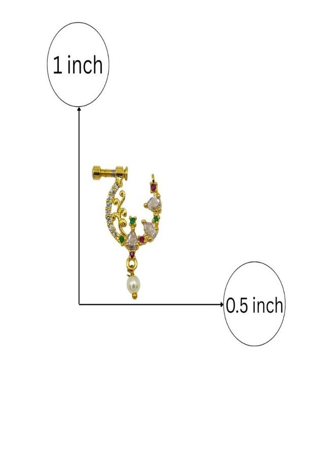 ZEELLO Gold Plated Nose Ring with Multicolor Stones, Pearl Drop, Traditional Crescent Design, Screw Back Closure - Image 3