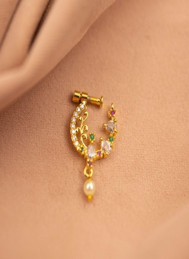 ZEELLO Gold Plated Nose Ring with Multicolor Stones, Pearl Drop, Traditional Crescent Design, Screw Back Closure - Image 2