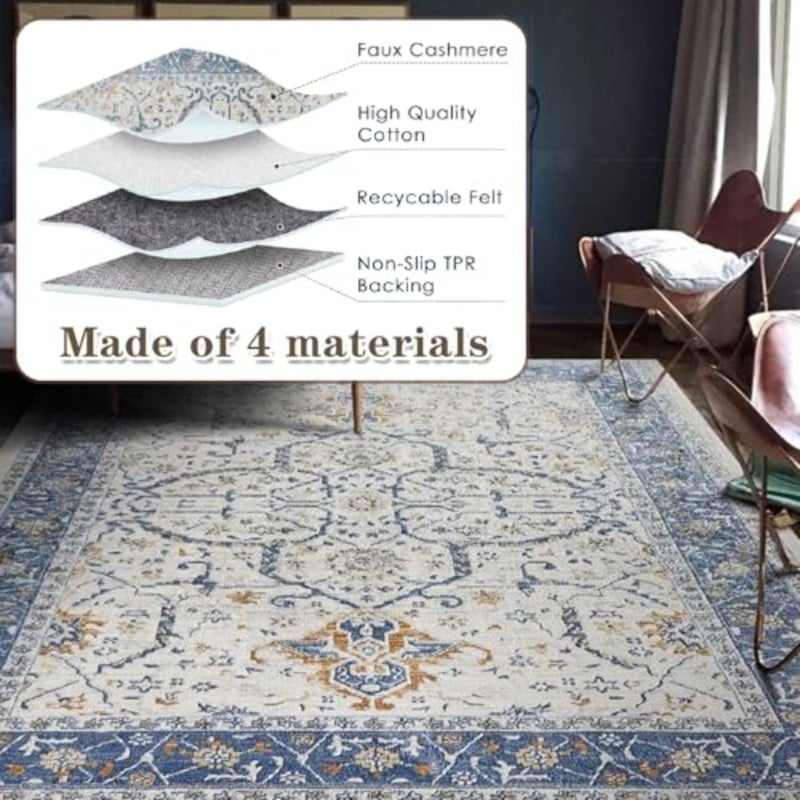 Boho Area Rugs, Large Washable Area Rug, No Slip Thin Rugs Carpet, Bohemian Vintage Carpet Outdoor Rugs for Living Room Bedroom Office Aesthetic Decor Blue, 120 x 160 CM - Image 5
