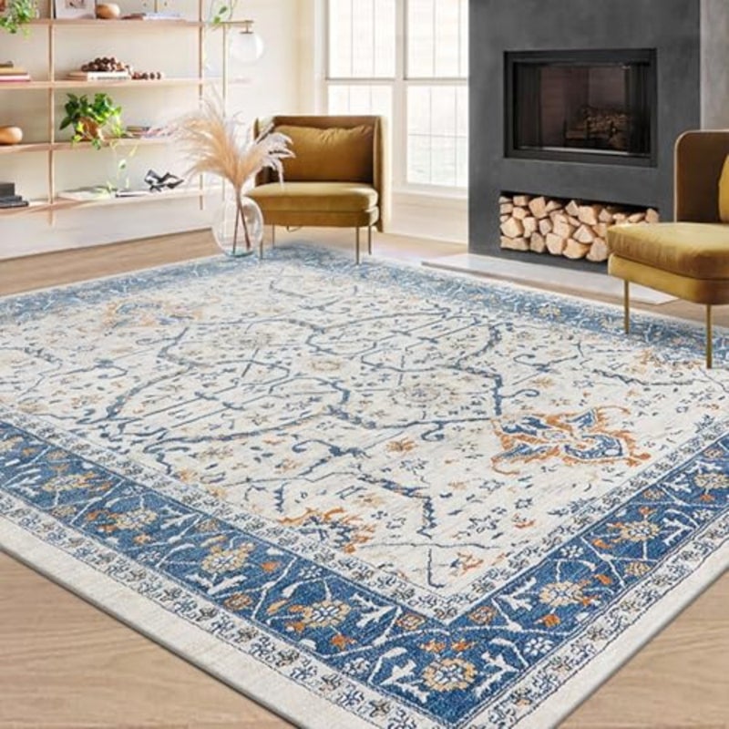 Boho Area Rugs, Large Washable Area Rug, No Slip Thin Rugs Carpet, Bohemian Vintage Carpet Outdoor Rugs for Living Room Bedroom Office Aesthetic Decor Blue, 120 x 160 CM - Image 1