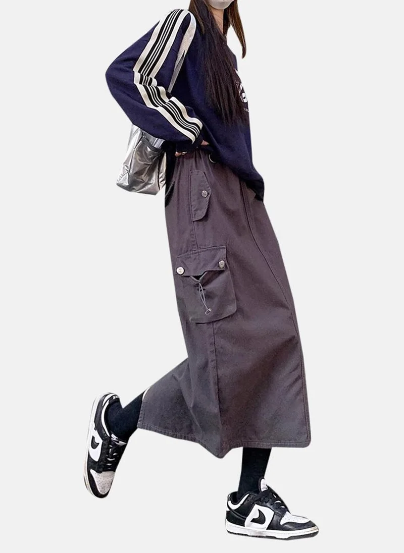 YUNIQEE Grey Solid Denim Midi Skirt