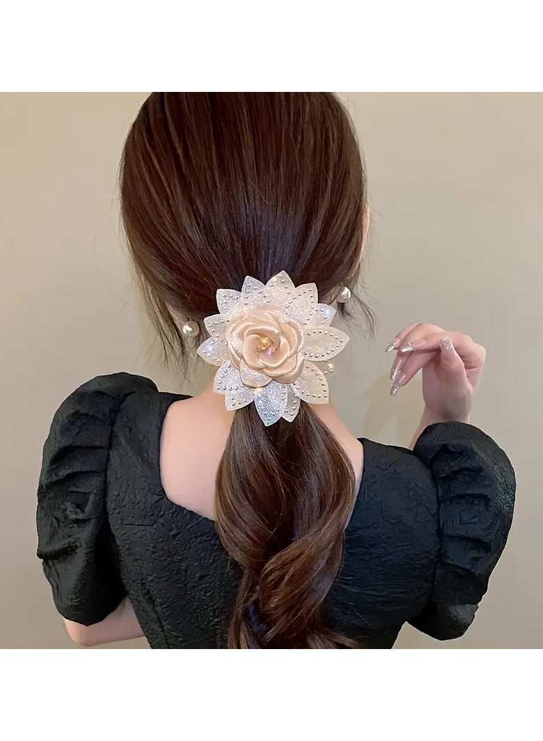 Goolsky 1pc New Spring and Summer Light Luxury Water Diamond Sun Flower Beads High-end Fabric Hair Ring Head Rope Hair Rope Elegant Temperament Braided Ponytail Hair Ring Hair Rope Hair Accessories Headwear for Women - Image 1