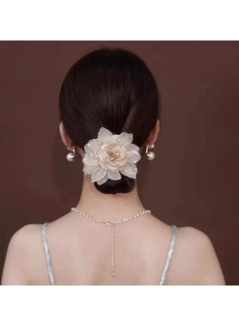 Goolsky 1pc New Spring and Summer Light Luxury Water Diamond Sun Flower Beads High-end Fabric Hair Ring Head Rope Hair Rope Elegant Temperament Braided Ponytail Hair Ring Hair Rope Hair Accessories Headwear for Women - Image 3