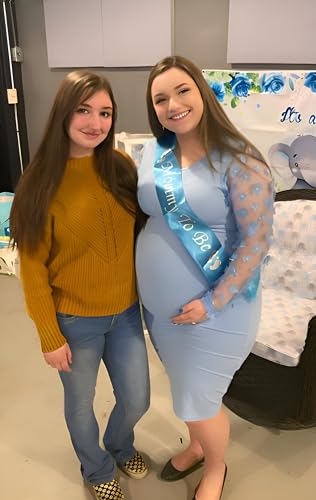 LAHILO Floral Mesh Bishop Long Sleeve Maternity Midi Dress, Fall Maternity Bodycon Dress for Baby Shower Blue - Image 3