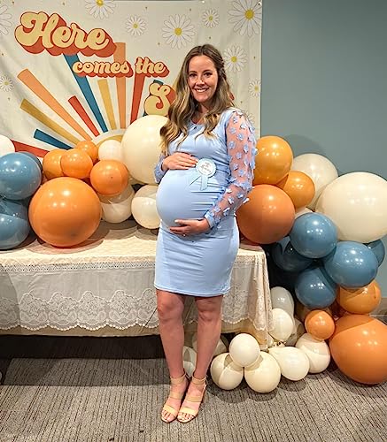 LAHILO Floral Mesh Bishop Long Sleeve Maternity Midi Dress, Fall Maternity Bodycon Dress for Baby Shower Blue - Image 2