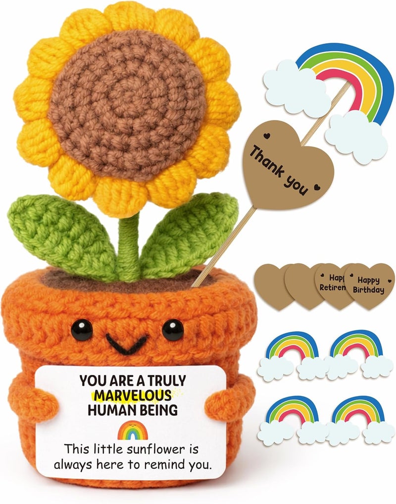 Frabaca Crochet Sunflower with Positive Vibes Card – Christmas Stocking Stuffer Marvelous Human Being Reminder for Coworker, Teacher, Employee, Boss, Friend – Birthday, Thank You, Farewell Gift for Women, Men - Image 1