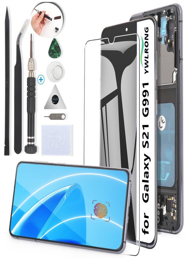 شاشة OLED بديلة لهاتف سامسونج جالاكسي S21 5G، شاشة LCD تعمل باللمس، مجموعة محول رقمي لهاتف سامسونج S21 5G G991 SM-G991U SM-G991B مع أدوات (تدعم بصمة الإصبع، إطار أسود) - Image 1