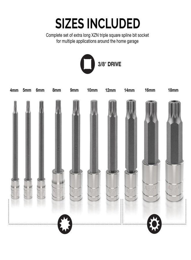NEIKO 10054A XZN Triple Square Spline Bit Socket Set | Extra Long 4” | 4mm to 18mm | 10-Piece Set | S2 and Cr-V Steel - Image 3