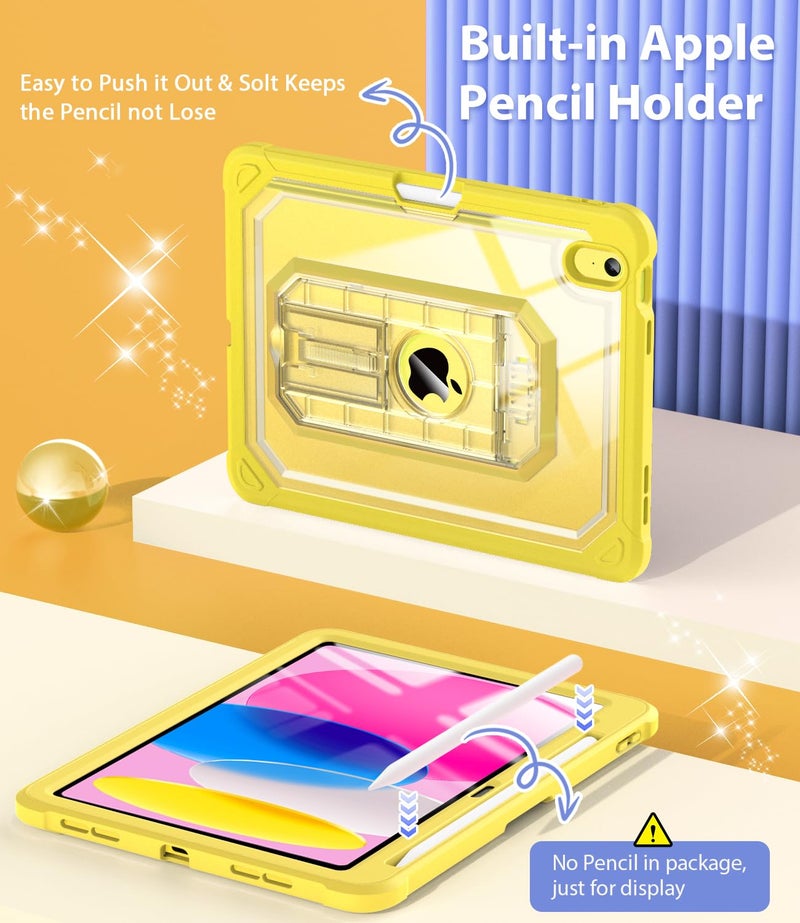 Cantis Case for iPad A16 11 Inch 2025/ iPad 10th Generation 2022 (10.9 inch) with Screen Protector & Pencil Holder, 11th Generation Case with Larger Stable Stand, Clear+Yellow - Image 5