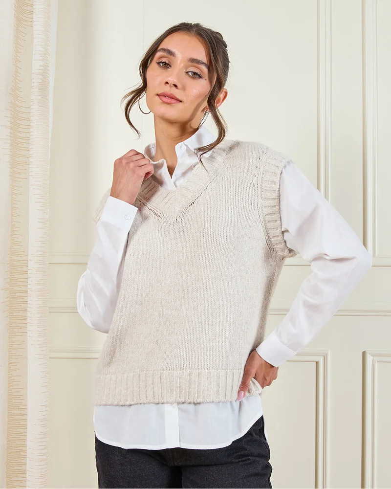 REDTAG Women Beige With White Contrast Twofer