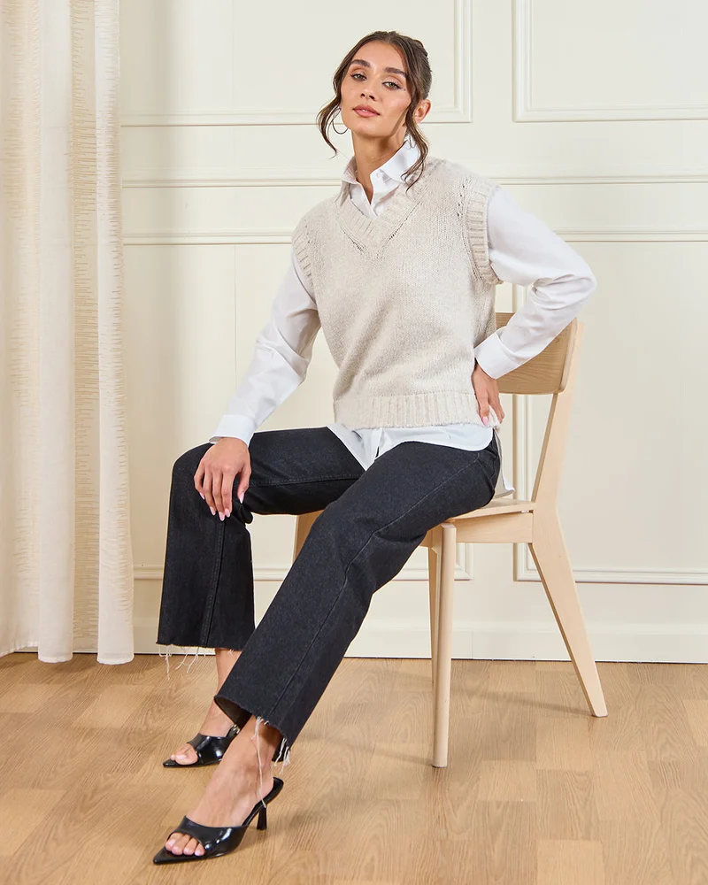 REDTAG Women Beige With White Contrast Twofer