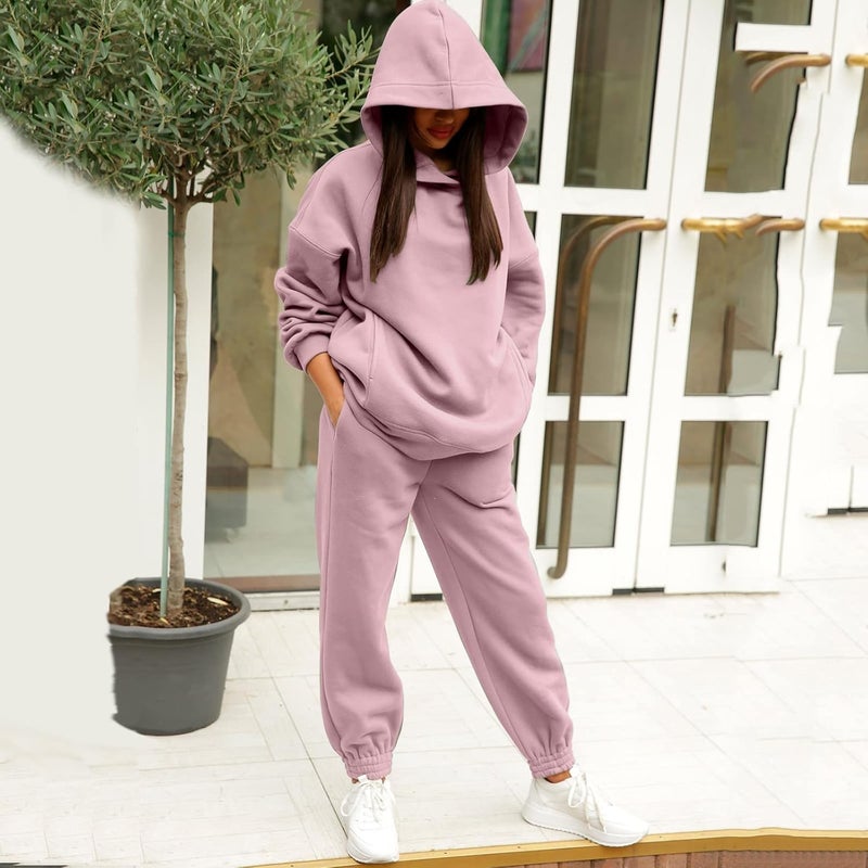 klarako Womens Hooded Tracket Soild Long Sleeves Sweatshirt and Trouser with Pocket Outdoor Sport Casual 2 Piece Outfits - Image 3