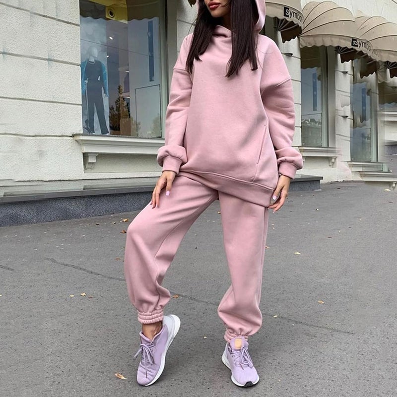 klarako Womens Hooded Tracket Soild Long Sleeves Sweatshirt and Trouser with Pocket Outdoor Sport Casual 2 Piece Outfits - Image 1