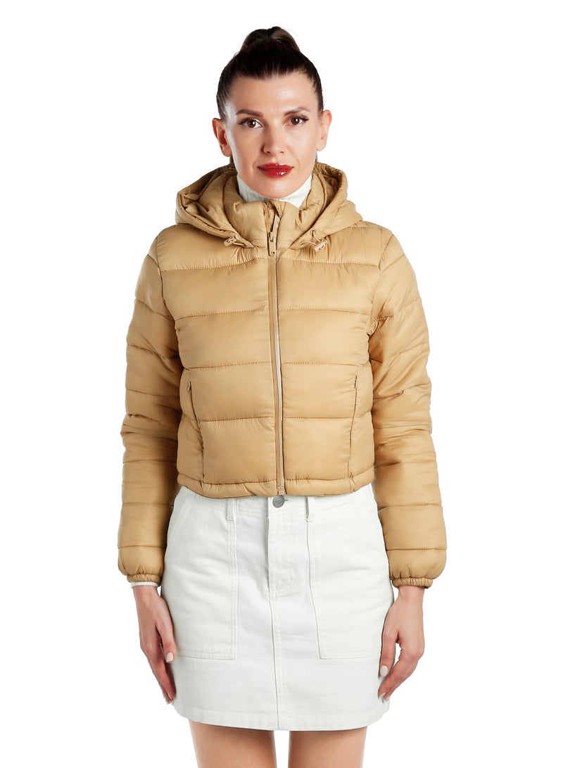 London Rag Taupe Cropped Down Hooded Jacket - Image 1