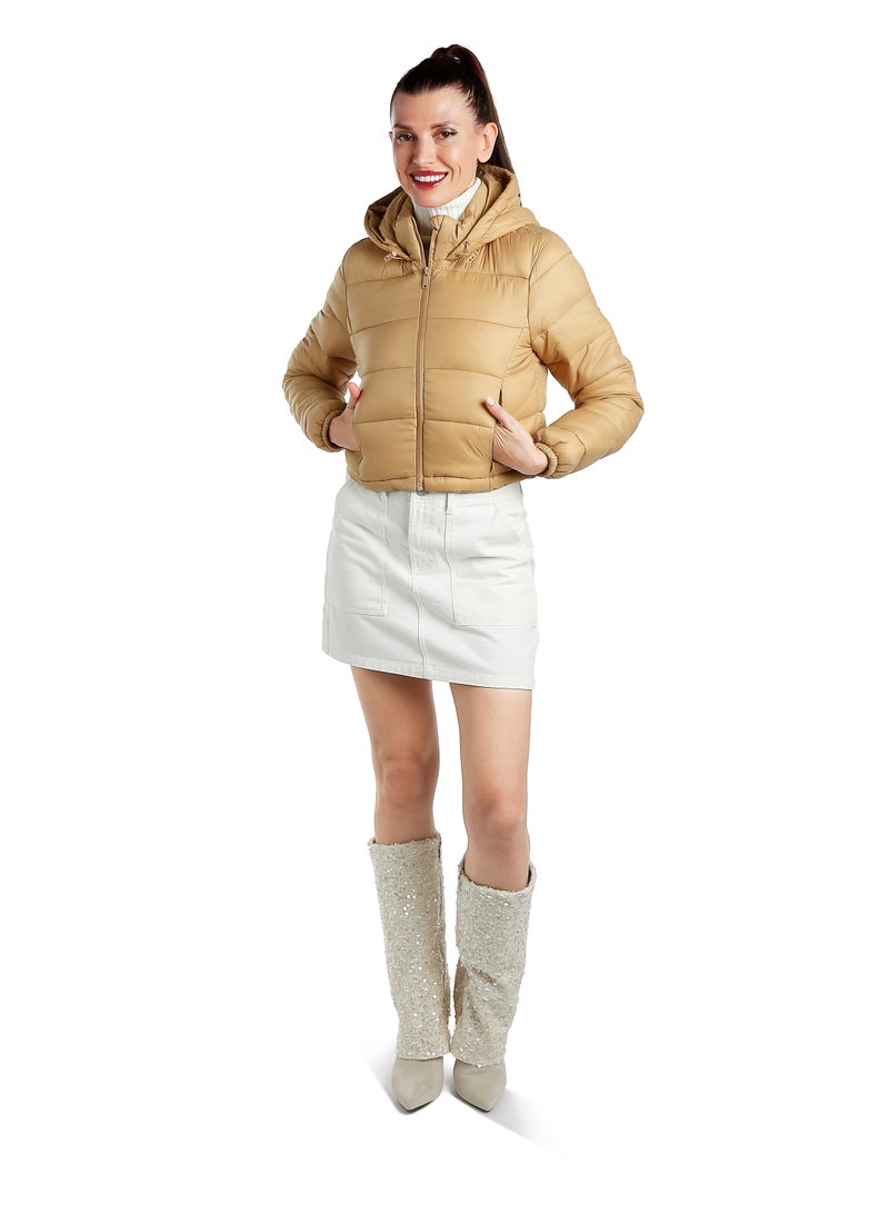 London Rag Taupe Cropped Down Hooded Jacket - Image 3