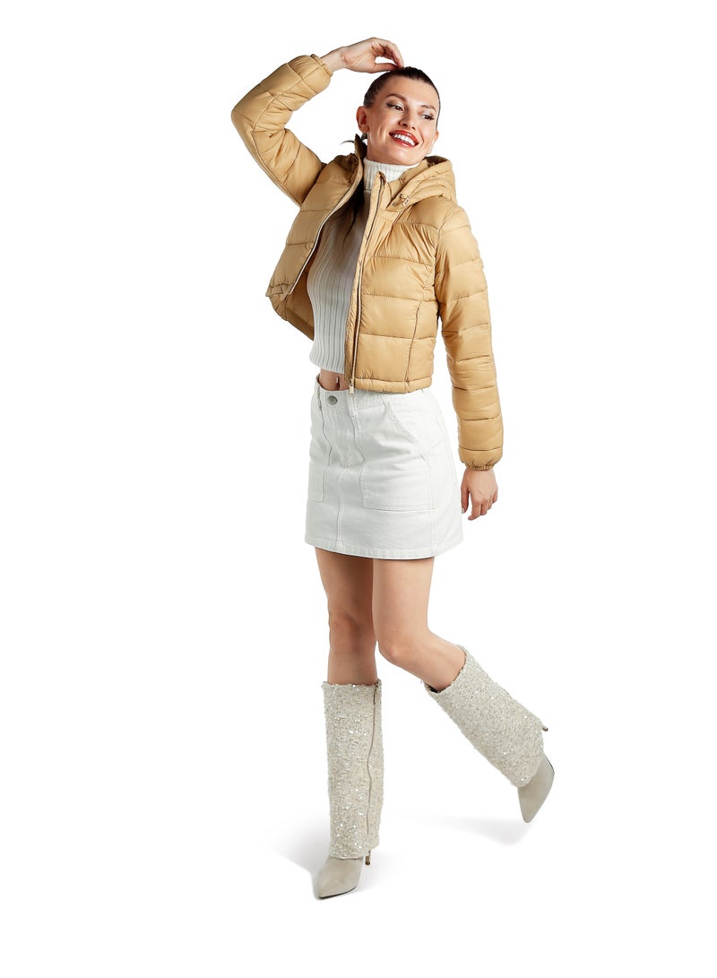 London Rag Taupe Cropped Down Hooded Jacket - Image 2