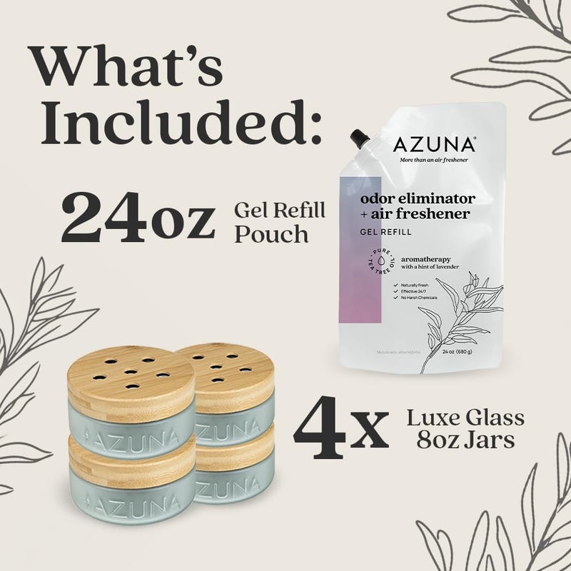 Azuna Air Freshener & Odor Eliminator Gel 4 Room Kit, Includes (4) 8 oz. Unfilled Luxe Glass Jars & 24 oz. Refill with Lavender & Tea Tree Essential Oil, Aromatherapy, Works 24/7 for 60-90 Days - Image 3