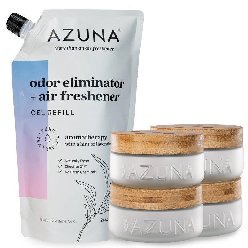 Azuna Air Freshener & Odor Eliminator Gel 4 Room Kit, Includes (4) 8 oz. Unfilled Luxe Glass Jars & 24 oz. Refill with Lavender & Tea Tree Essential Oil, Aromatherapy, Works 24/7 for 60-90 Days - Image 1