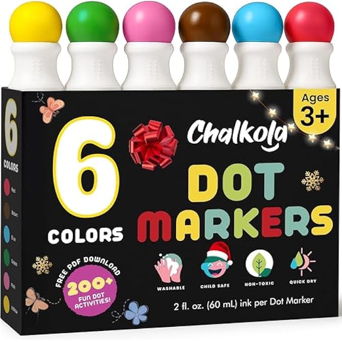 Chalkola 6 WASHABLE DOT MARKERS FOR TODDLERS 1-3 | NON TOXIC BINGO DAUBERS FOR TODDLERS 2-4 | PRESCHOOL, KINDERGARTEN PAINT STAMP MARKERS SET - DOT ART AND CRAFTS SUPPLIES FOR KIDS - Image 1