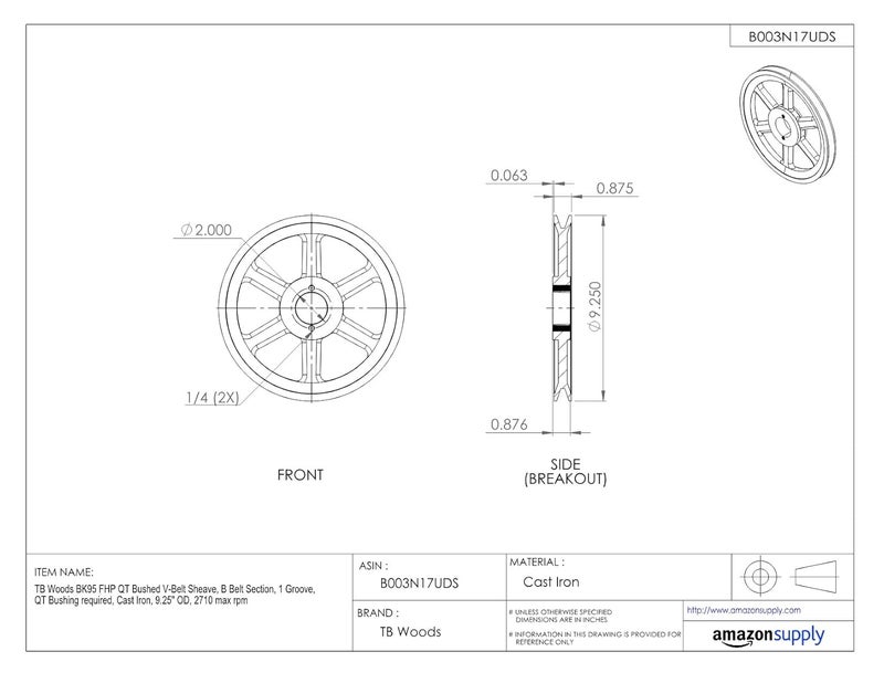 TB Woods BK120 FHP QT Bushed V-Belt Sheave, B Belt Section, 1 Groove, QT Bushing required, Cast Iron, 11.75" OD, 2130 max rpm - Image 3