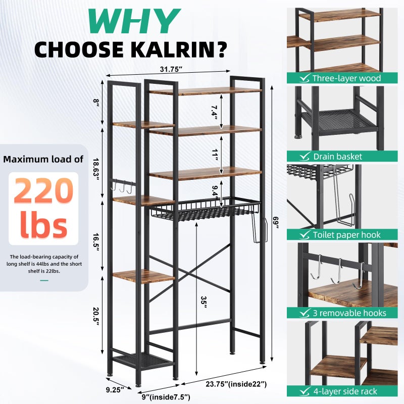 Kalrin 8-Tier Over The Toilet Storage with Side Rack, Over Toilet Storage Rack with Adjustable Shelf & Drain Basket, Freestanding Bathroom Organizer for Balcony, Laundry (Vintage Brown) - Image 3