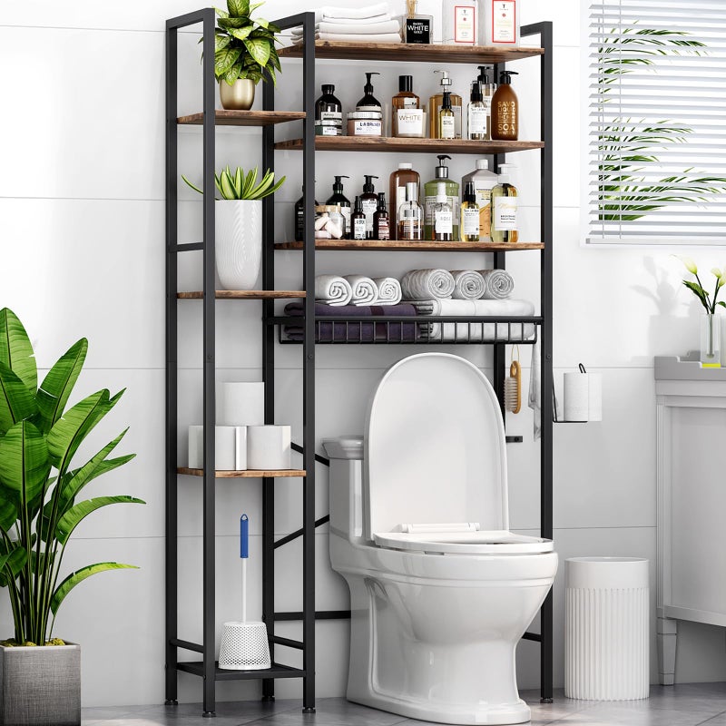 Kalrin 8-Tier Over The Toilet Storage with Side Rack, Over Toilet Storage Rack with Adjustable Shelf & Drain Basket, Freestanding Bathroom Organizer for Balcony, Laundry (Vintage Brown) - Image 1