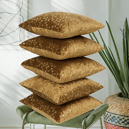 RD TREND® Premium Velvet Cushion Covers Set of 5 | Soft Decorative Throw Pillow Covers for Sofa, Bed & Living Room | Cushion Cover 18 inch x 18 inch (45x45 cm) Golden Brown - Image 1