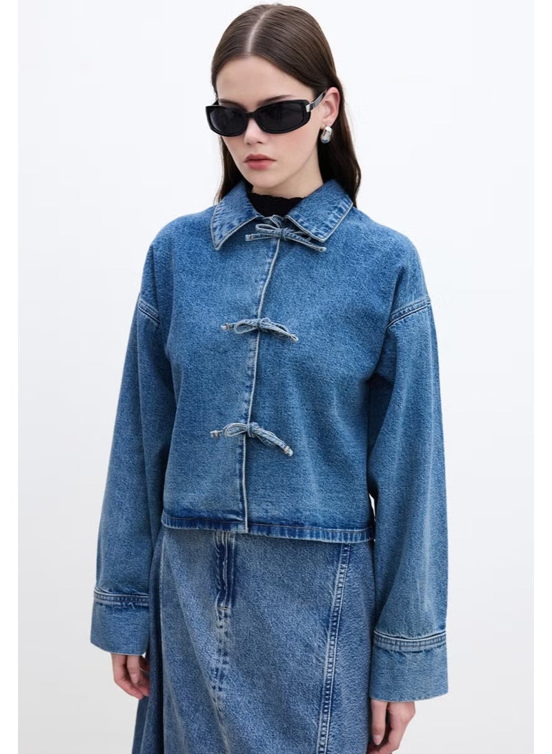 Manuka Lace-Up Denim Blouse Blue - Image 4