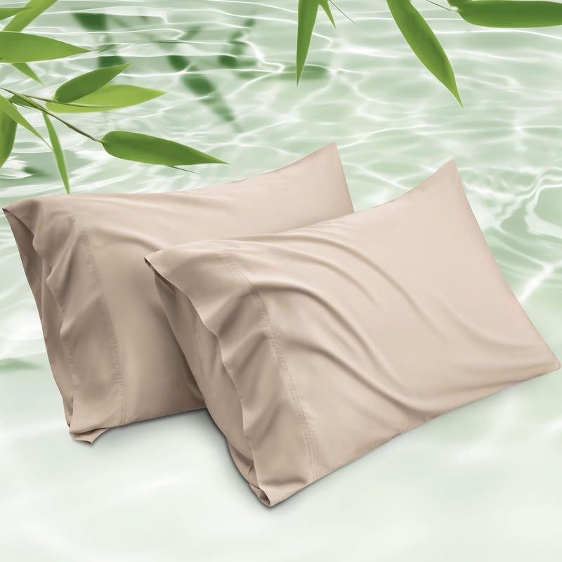 Bedsure Cooling Pillow Cases Standard Size Set of 2, Rayon Derived from Bamboo Cooling Pillowcase for Hot Sleepers, Soft & Silky Pillow Covers with Envelope Closure, Gifts, Khaki, 20x26 Inches - Image 1