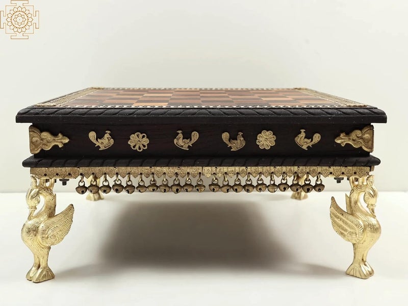 EXOTIC INDIA Exotic India 17 Wooden Chowki with Brass Decoration and Ghungroos Wooden Pedestal Handmade Wood with Brass  - Image 3