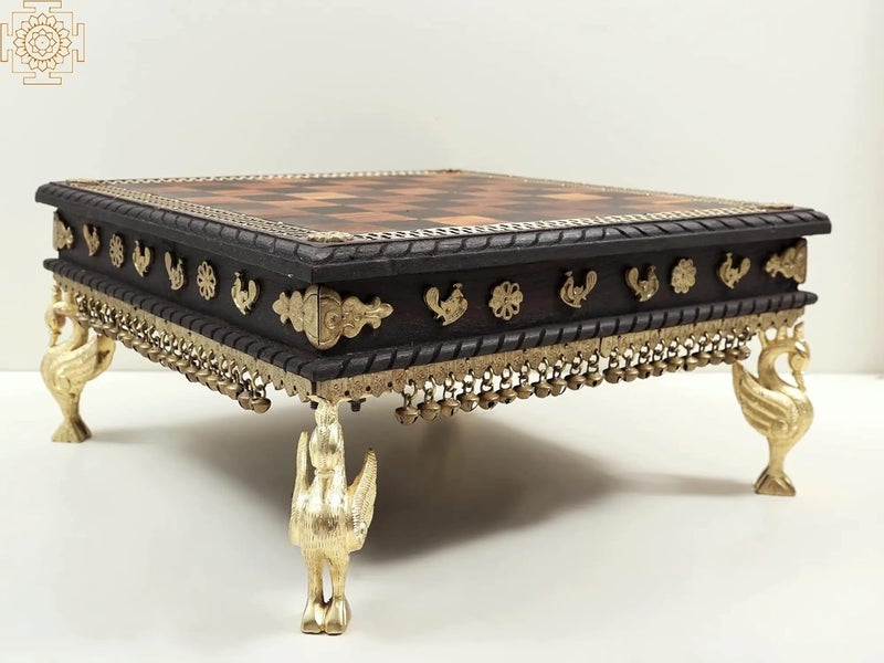 EXOTIC INDIA Exotic India 17 Wooden Chowki with Brass Decoration and Ghungroos Wooden Pedestal Handmade Wood with Brass  - Image 2