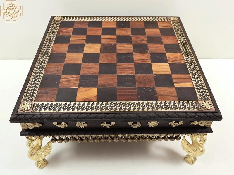 EXOTIC INDIA Exotic India 17 Wooden Chowki with Brass Decoration and Ghungroos Wooden Pedestal Handmade Wood with Brass  - Image 1