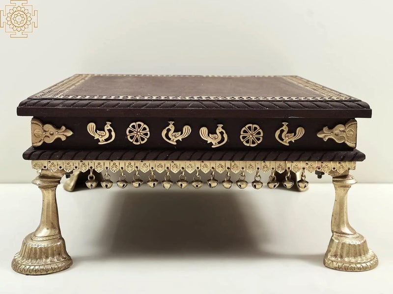 EXOTIC INDIA Exotic India 17 Wooden Chowki with Brass Decoration and Ghungroos Wooden Pedestal Handmade Wood with Brass  - Image 4