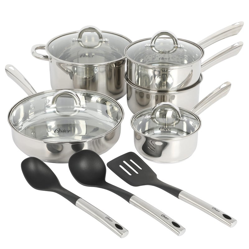 Oster Sangerfield 12-Piece Stainless Steel Cookware Set With Kitchen Tools, Non-Stick Pots and Pans, Durable Oven Safe Cookware for Home Cooking - Image 1