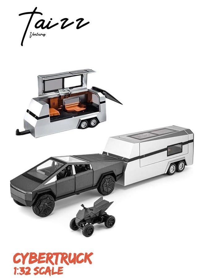 1:32 Cybertruck Kids Toy Diecast Metal Cyberquad RV Pickup Truck and Trailer with Lights, Sound, Pull-Back Function, Ideal Gift for Boys, Interactive Model Car for Display & Play - Black
