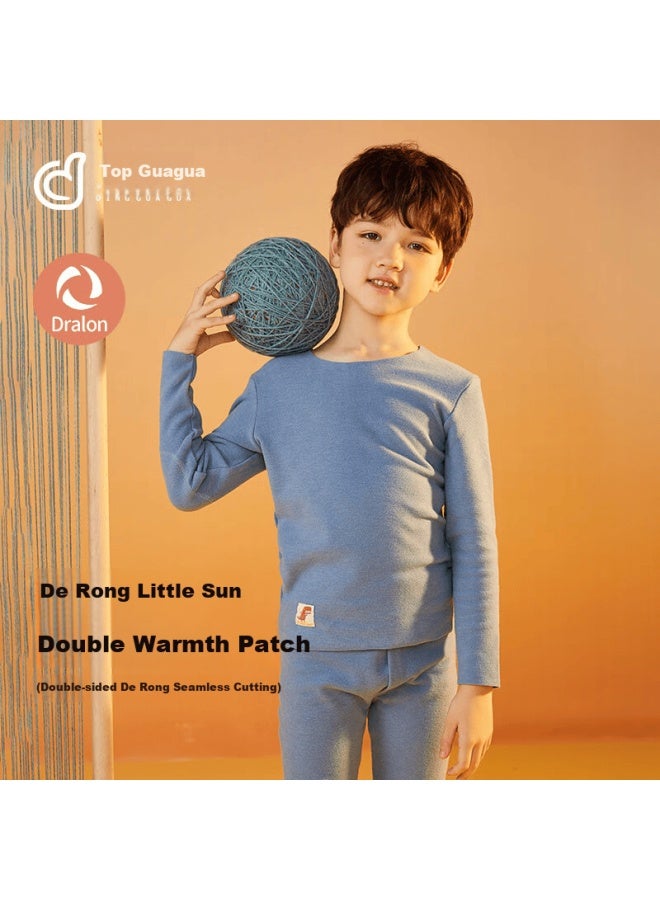 Top melon Dingguagua Children's Thermal Velvet Warm Underwear Set Autumn Winter Boys Long Johns Blue 130 - Image 1