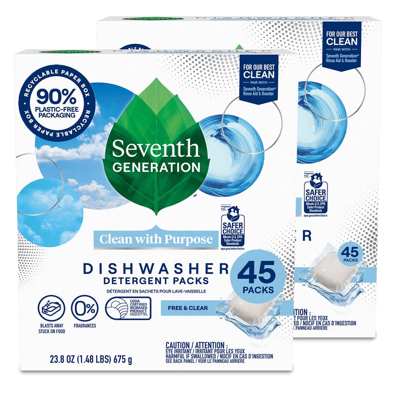 Seventh Generation Dishwasher Detergent Packs Free & Clear Pack of 2 for sparkling dishes Dishwasher tabs 45 count - Image 1