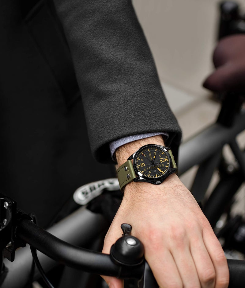 Stuhrling Original ساعة ستورلينغ الأصلية للرجال من الجلد - ساعة طيران، حزام جلد سريع الضبط للتاريخ واليوم مع مسامير فولاذية - Image 5