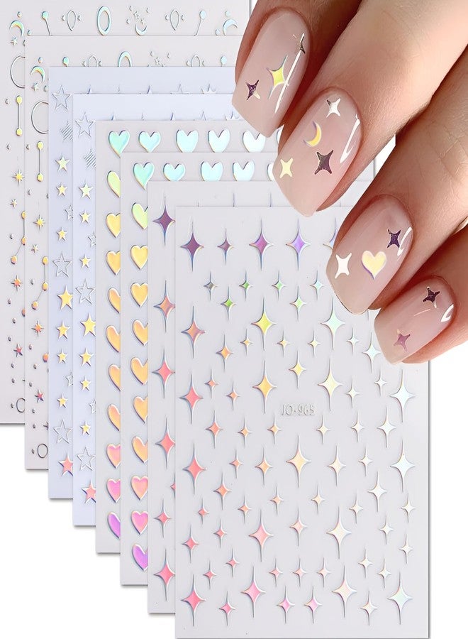SPLOCUDU 8 Sheets Aurora Nail Art Stickers 3D Self-Adhesive Pegatinas Uñas Glitter Heart Nail Decals Star Moon Nail Supplies Nail Art Design Decoration Accessories for Women and Girls - Image 1