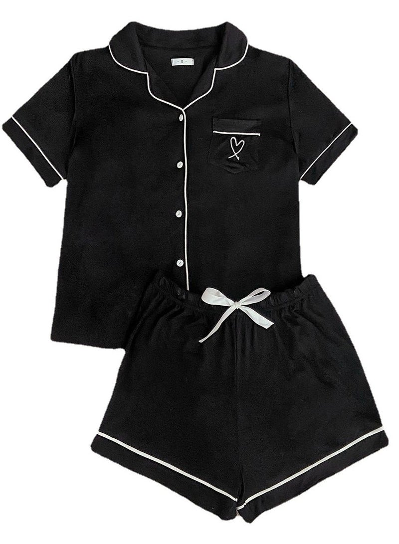 Loquat Women's Loose 2-Piece Set Nightgown Short Sleeve Top And Shorts Soft Loungewear Pajamas Suit Black  - Image 3