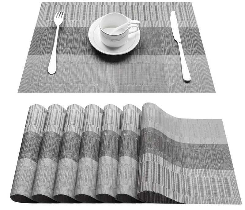pepplo® Placemats Set of 4 Dining Table Mats Woven Vinyl PVC Placemats Non-Slip Heat-Resistant Washable Place Mats, Grey Silver (PLC01B4) - Image 1